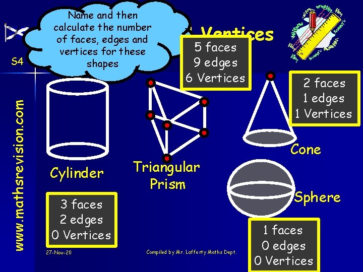 Name and then calculate the number of faces, edges and vertices for these shapes