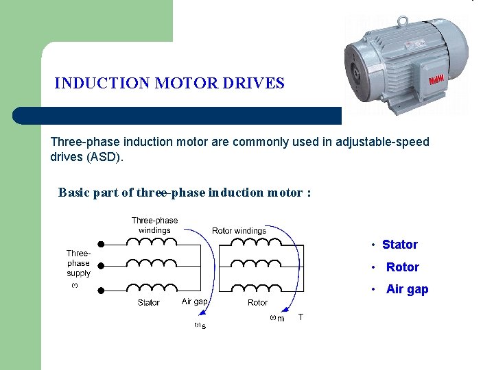 INDUCTION MOTOR DRIVES Three-phase induction motor are commonly used in adjustable-speed drives (ASD). Basic