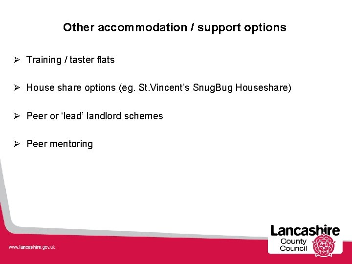 Other accommodation / support options Ø Training / taster flats Ø House share options Other accommodation / support options Ø Training / taster flats Ø House share options
