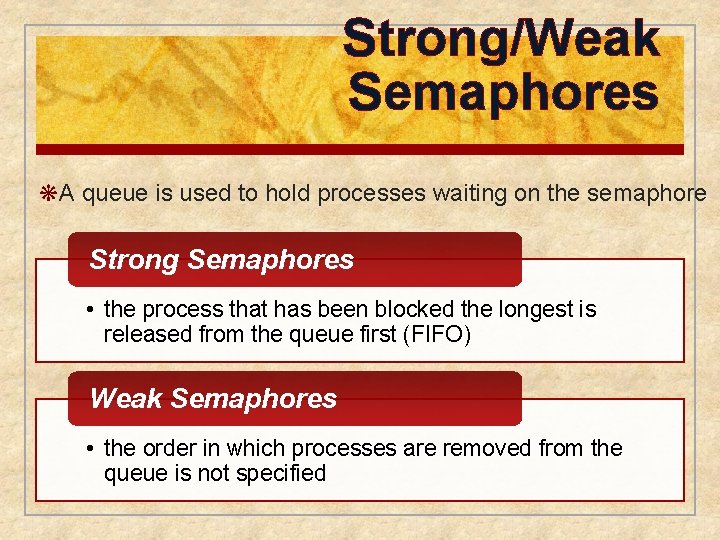 Strong/Weak Semaphores ❋A queue is used to hold processes waiting on the semaphore Strong