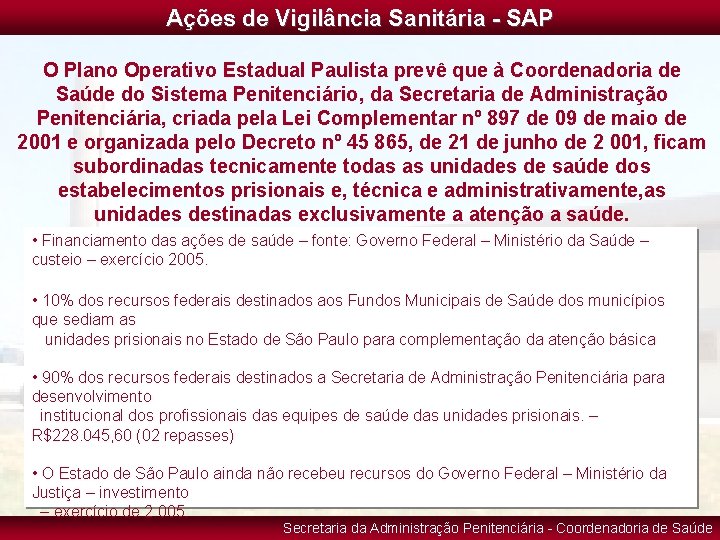 Ações de Vigilância Sanitária - SAP O Plano Operativo Estadual Paulista prevê que à