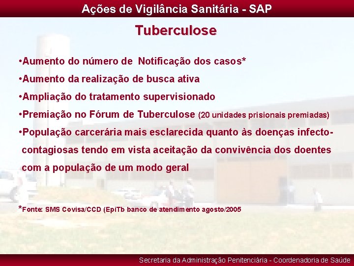 Ações de Vigilância Sanitária - SAP Tuberculose • Aumento do número de Notificação dos