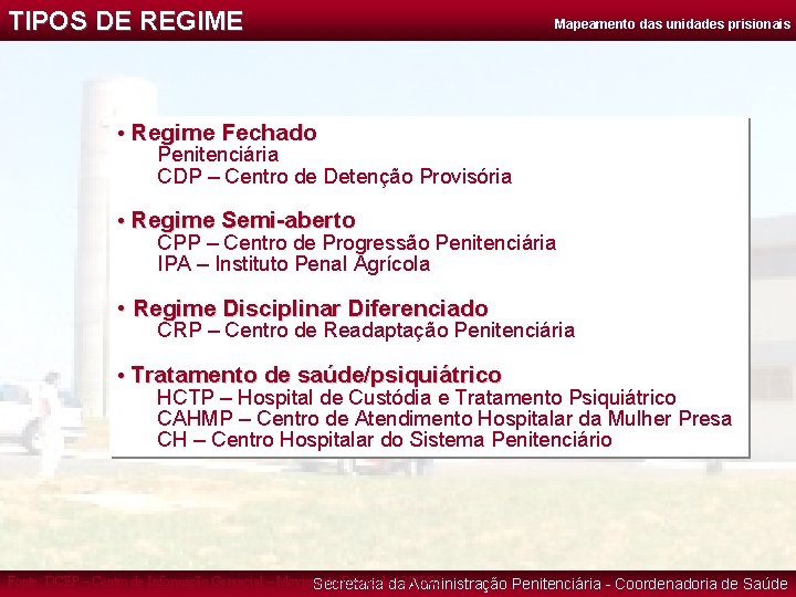 TIPOS DE REGIME Mapeamento das unidades prisionais • Regime Fechado Penitenciária CDP – Centro