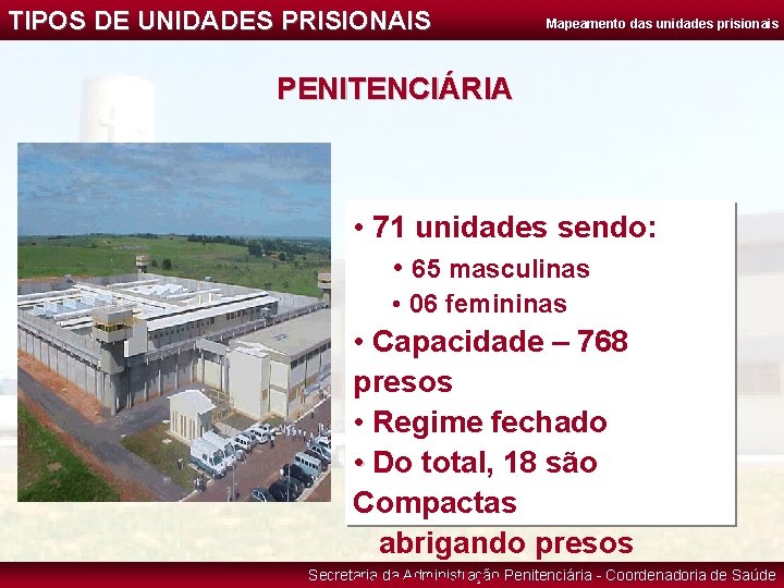 TIPOS DE UNIDADES PRISIONAIS Mapeamento das unidades prisionais PENITENCIÁRIA • 71 unidades sendo: •