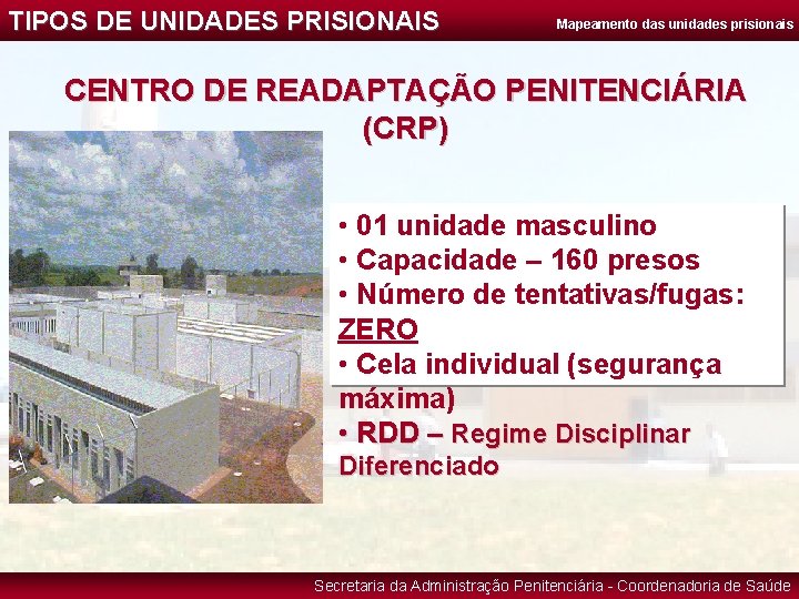 TIPOS DE UNIDADES PRISIONAIS Mapeamento das unidades prisionais CENTRO DE READAPTAÇÃO PENITENCIÁRIA (CRP) •