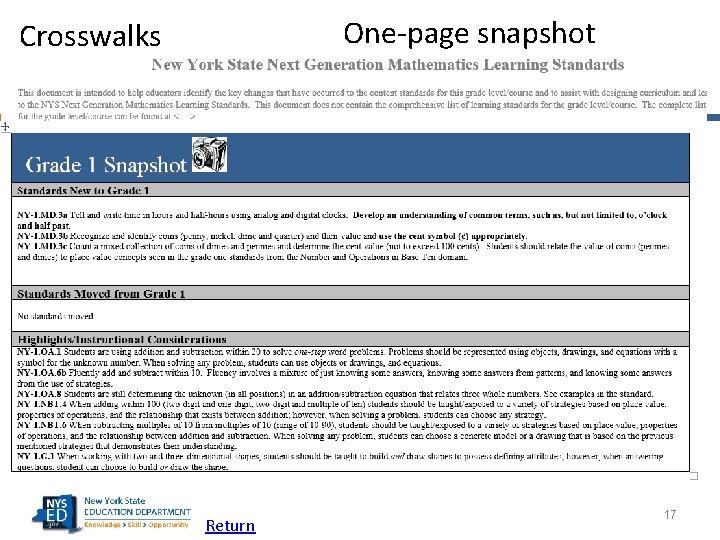 One-page snapshot Crosswalks Return 17 