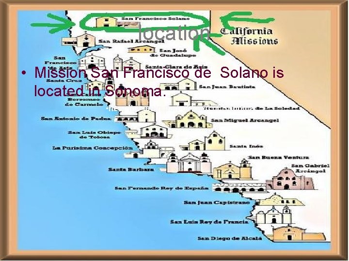 location • Mission San Francisco de Solano is located in Sonoma. • near the