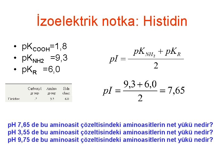 İzoelektrik notka: Histidin • p. KCOOH=1, 8 • p. KNH 2 =9, 3 •