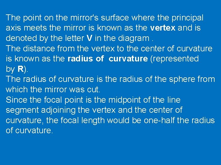 The point on the mirror's surface where the principal axis meets the mirror is