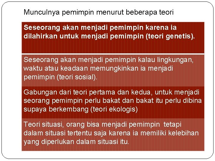 Munculnya pemimpin menurut beberapa teori Seseorang akan menjadi pemimpin karena ia dilahirkan untuk menjadi