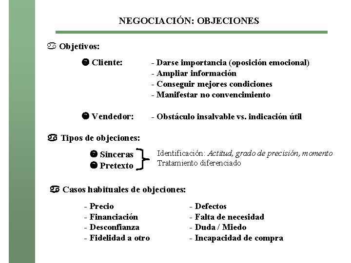 NEGOCIACIÓN: OBJECIONES a Objetivos: Cliente: - Darse importancia (oposición emocional) - Ampliar información -