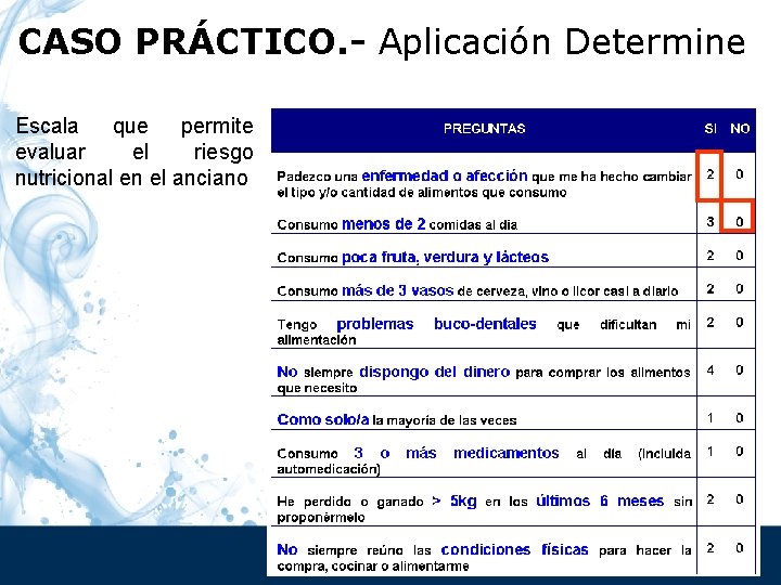 CASO PRÁCTICO. - Aplicación Determine Escala que permite evaluar el riesgo nutricional en el