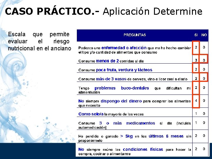 CASO PRÁCTICO. - Aplicación Determine Escala que permite evaluar el riesgo nutricional en el