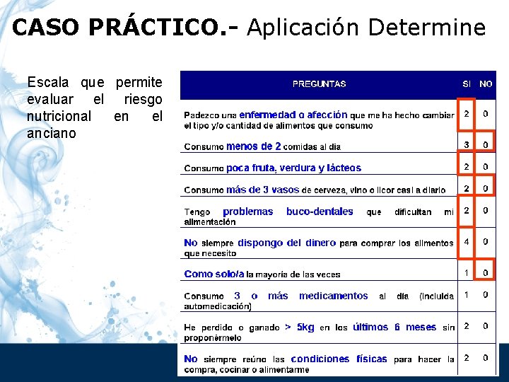 CASO PRÁCTICO. - Aplicación Determine Escala que permite evaluar el riesgo nutricional en el