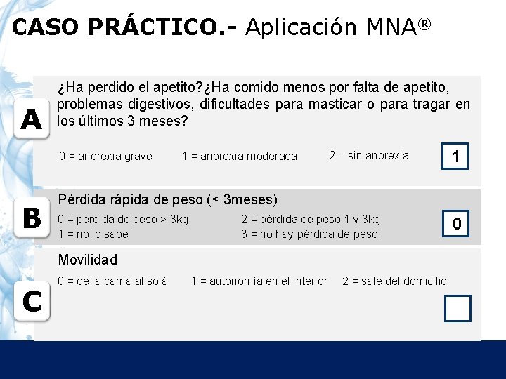 CASO PRÁCTICO. - Aplicación MNA® A ¿Ha perdido el apetito? ¿Ha comido menos por