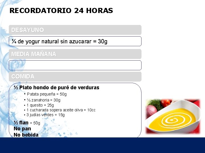RECORDATORIO 24 HORAS DESAYUNO ¼ de yogur natural sin azucarar = 30 g MEDIA