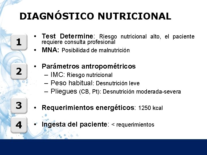 DIAGNÓSTICO NUTRICIONAL 1 2 • Test Determine: Riesgo nutricional alto, el paciente • requiere