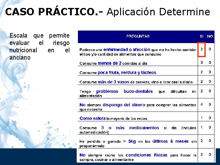 CASO PRÁCTICO. - Aplicación Determine Escala que permite evaluar el riesgo nutricional en el