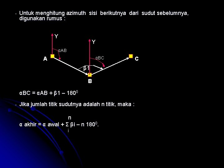 - Untuk menghitung azimuth sisi berikutnya dari sudut sebelumnya, digunakan rumus : Y Y
