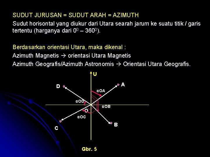 SUDUT JURUSAN = SUDUT ARAH = AZIMUTH Sudut horisontal yang diukur dari Utara searah