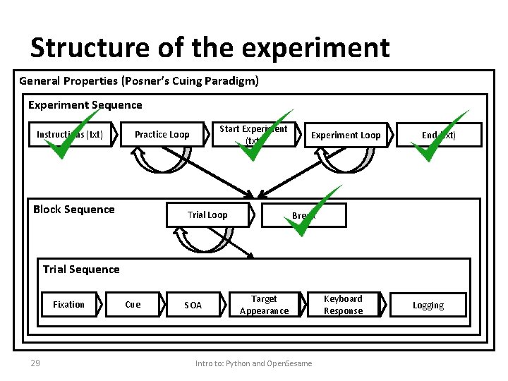 Structure of the experiment General Properties (Posner’s Cuing Paradigm) Experiment Sequence Instructions (txt) Start