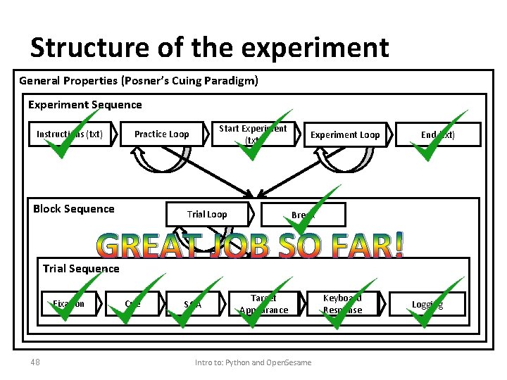 Structure of the experiment General Properties (Posner’s Cuing Paradigm) Experiment Sequence Instructions (txt) Start