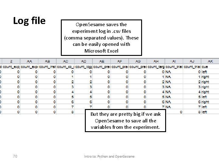 Log file Open. Sesame saves the experiment log in. csv files (comma separated values).