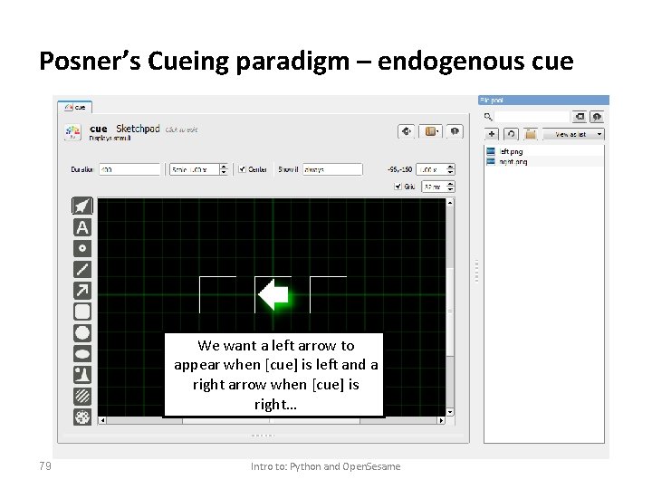 Posner’s Cueing paradigm – endogenous cue We want a left arrow to appear when