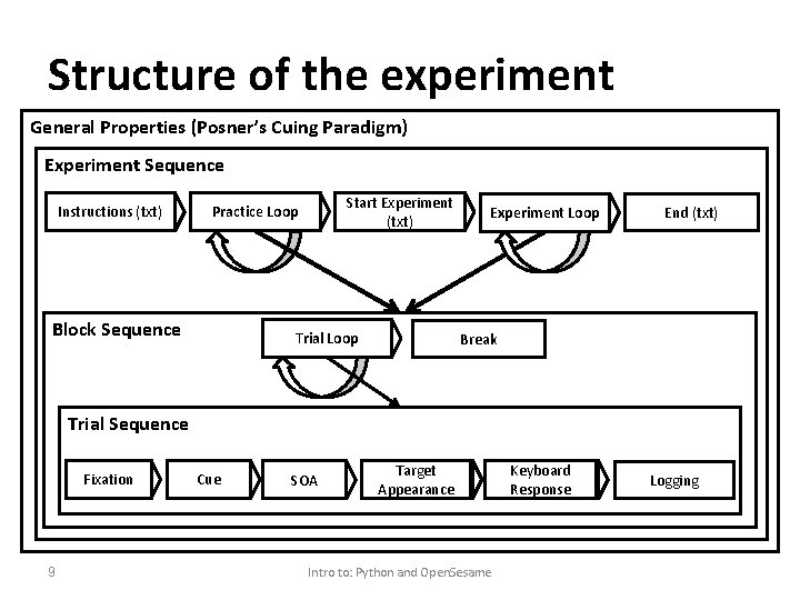 Structure of the experiment General Properties (Posner’s Cuing Paradigm) Experiment Sequence Instructions (txt) Start