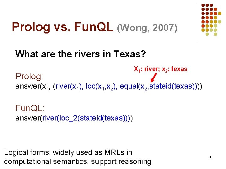 Prolog vs. Fun. QL (Wong, 2007) What are the rivers in Texas? Prolog: X