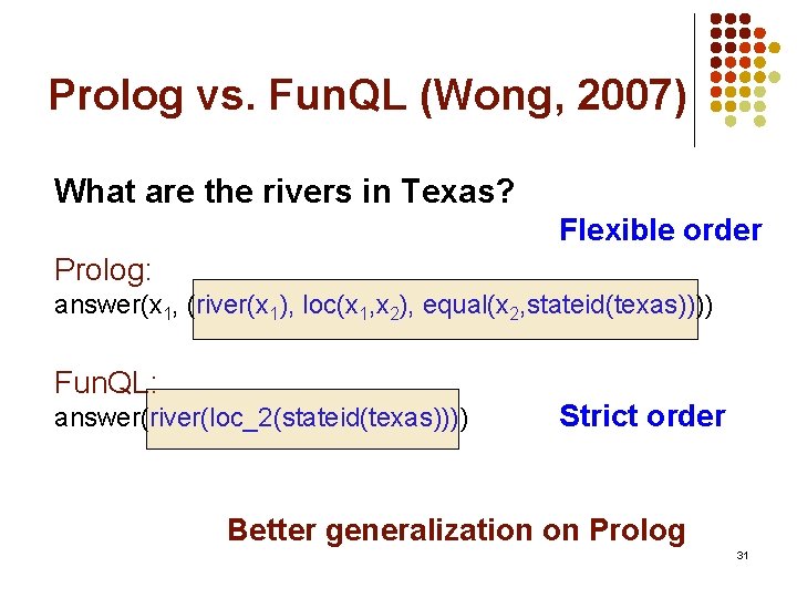 Prolog vs. Fun. QL (Wong, 2007) What are the rivers in Texas? Flexible order