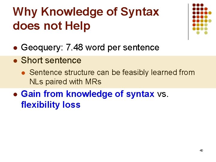 Why Knowledge of Syntax does not Help l l Geoquery: 7. 48 word per