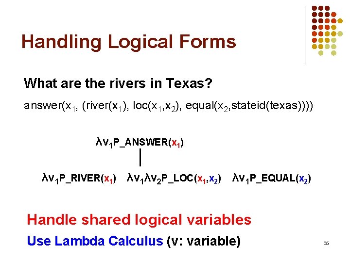 Handling Logical Forms What are the rivers in Texas? answer(x 1, (river(x 1), loc(x