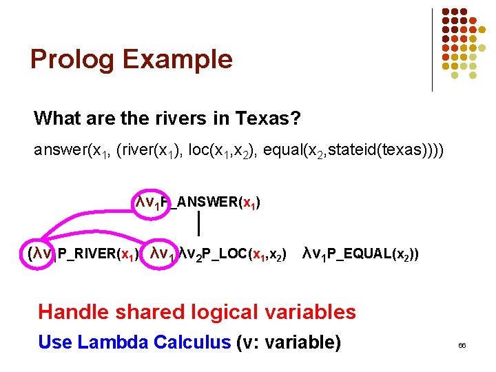 Prolog Example What are the rivers in Texas? answer(x 1, (river(x 1), loc(x 1,