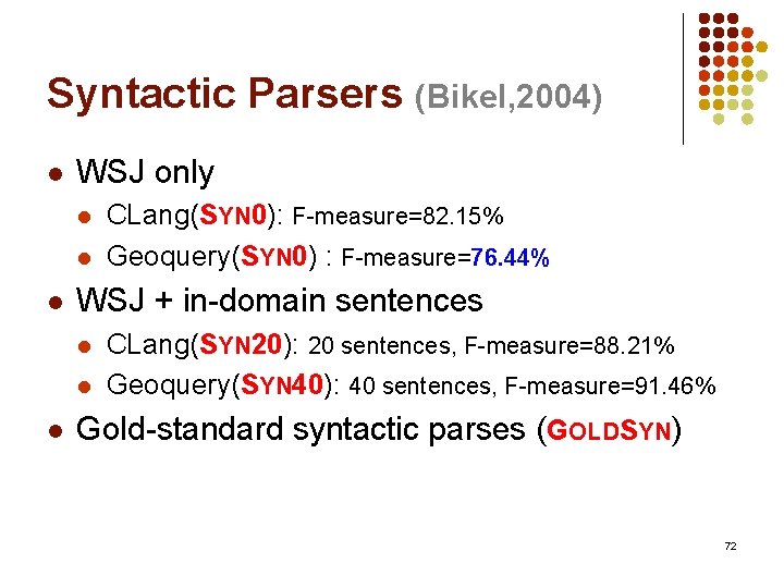 Syntactic Parsers (Bikel, 2004) l WSJ only l l l WSJ + in-domain sentences