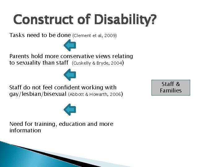 Construct of Disability? Tasks need to be done (Clement et al, 2009) Parents hold