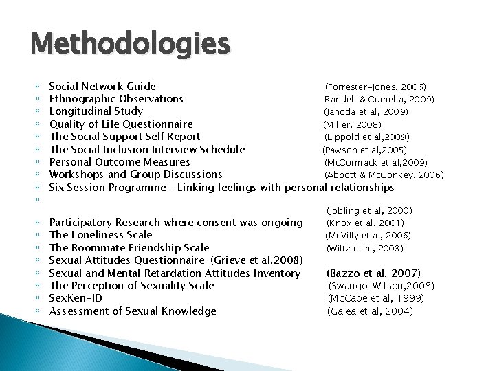 Methodologies Social Network Guide (Forrester-Jones, 2006) Ethnographic Observations Randell & Cumella, 2009) Longitudinal Study