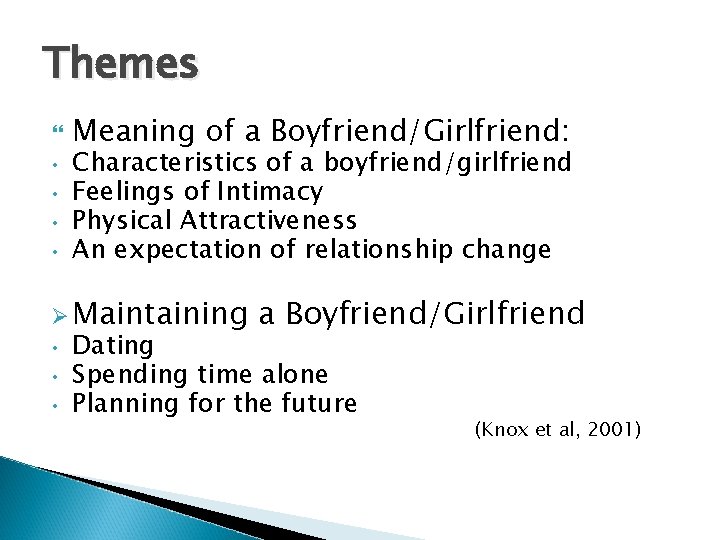 Themes • • Meaning of a Boyfriend/Girlfriend: Characteristics of a boyfriend/girlfriend Feelings of Intimacy