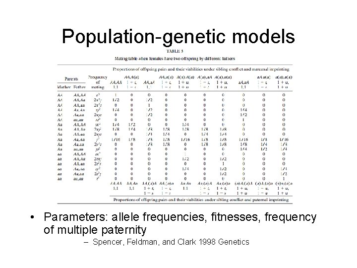 Population-genetic models • Parameters: allele frequencies, fitnesses, frequency of multiple paternity – Spencer, Feldman, Population-genetic models • Parameters: allele frequencies, fitnesses, frequency of multiple paternity – Spencer, Feldman,