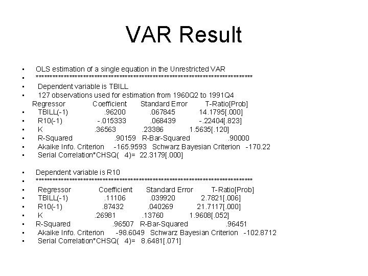 VAR Result • • • • • OLS estimation of a single equation in VAR Result • • • • • OLS estimation of a single equation in