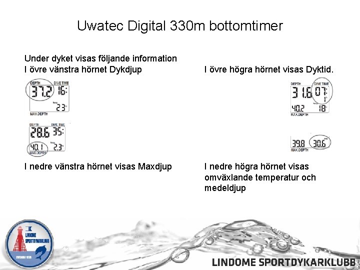 Uwatec Digital 330 m bottomtimer Under dyket visas följande information I övre vänstra hörnet