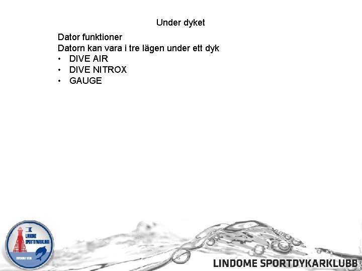 Under dyket Dator funktioner Datorn kan vara i tre lägen under ett dyk •