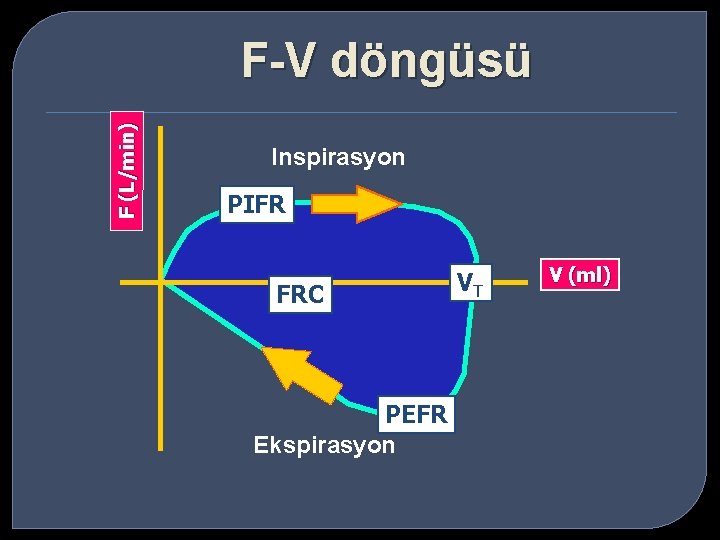 F (L/min) F-V döngüsü Inspirasyon PIFR FRC PEFR Ekspirasyon VT V (ml) 