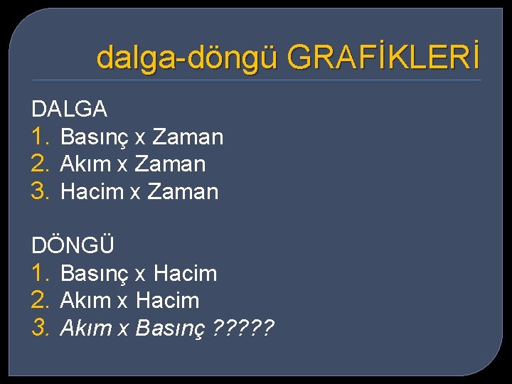 dalga-döngü GRAFİKLERİ DALGA 1. Basınç x Zaman 2. Akım x Zaman 3. Hacim x