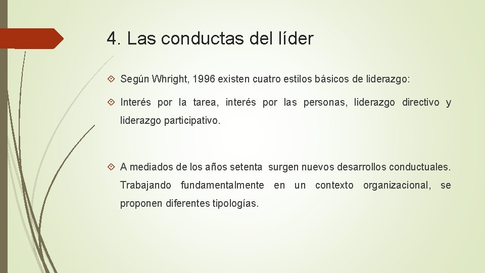 4. Las conductas del líder Según Whright, 1996 existen cuatro estilos básicos de liderazgo: 4. Las conductas del líder Según Whright, 1996 existen cuatro estilos básicos de liderazgo: