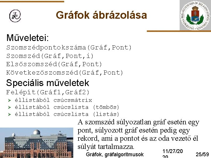 Gráfok ábrázolása Műveletei: Szomszédpontokszáma(Gráf, Pont) Szomszéd(Gráf, Pont, i) Elsőszomszéd(Gráf, Pont) Következőszomszéd(Gráf, Pont) Speciális műveletek