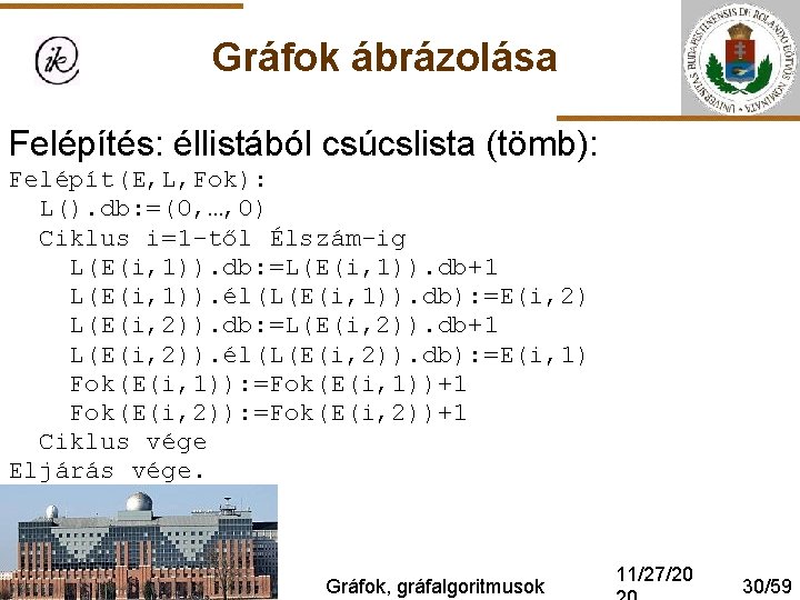 Gráfok ábrázolása Felépítés: éllistából csúcslista (tömb): Felépít(E, L, Fok): L(). db: =(0, …, 0)