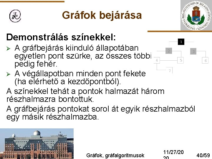 Gráfok bejárása Demonstrálás színekkel: A gráfbejárás kiinduló állapotában egyetlen pont szürke, az összes többi