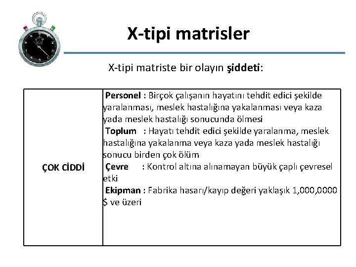 X-tipi matrisler X-tipi matriste bir olayın şiddeti: ÇOK CİDDİ Personel : Birçok çalışanın hayatını