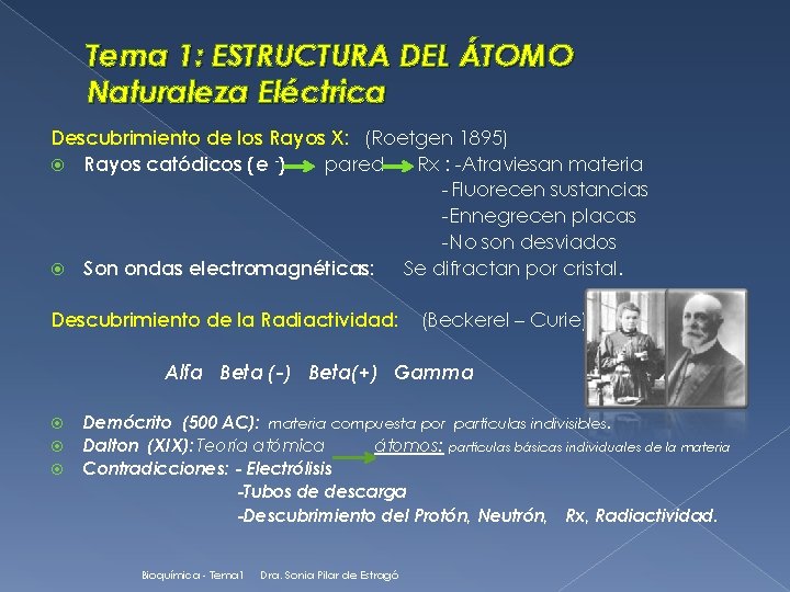 Tema 1: ESTRUCTURA DEL ÁTOMO Naturaleza Eléctrica Descubrimiento de los Rayos X: (Roetgen 1895)